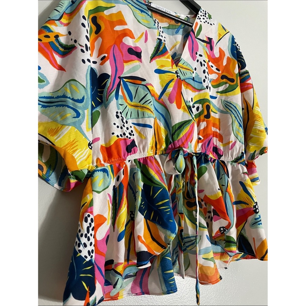 Sweet Rain Top Tropical Leaf Print Peplum Tie Waist Large Colorful Summer Boho - Picture 4 of 10